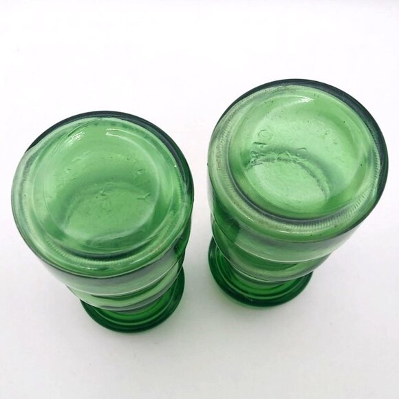 Vintage MCM Italian Green Pressed Glass Candle Holders Vases Signed Set Of 2 - Picture 4 of 9